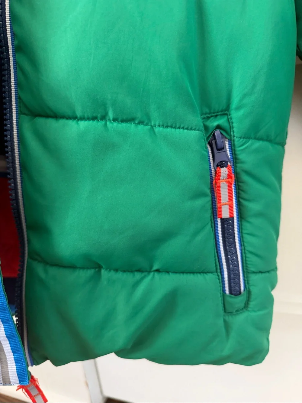 Mini Boden Green Hooded Puffer Jacket with Contrast Zippers